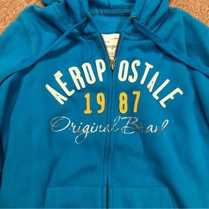 Aeropostale Teal Blue Zip-Up Hoodie with Yellow 1987 Applique